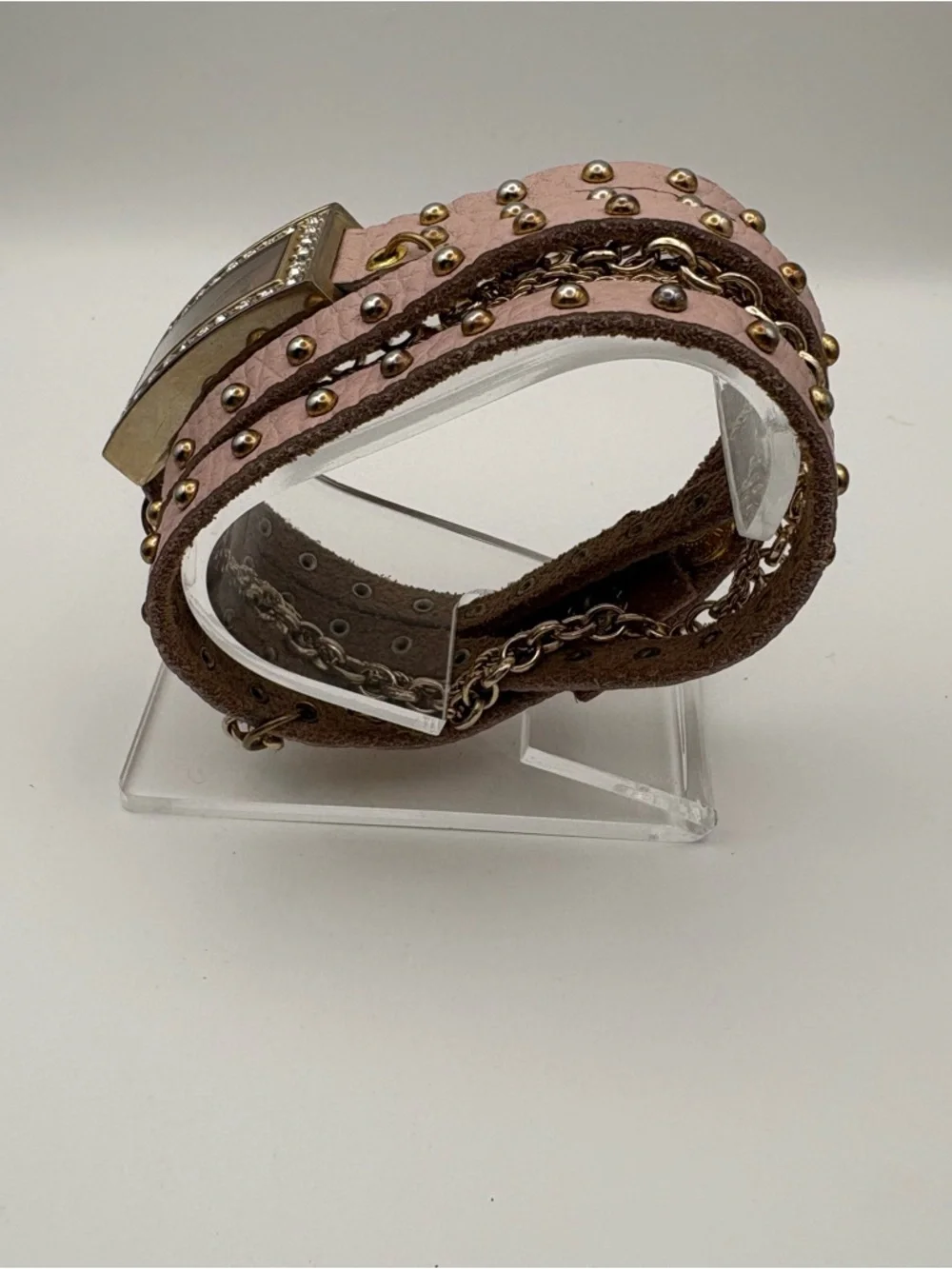 Women’s Gold-toned Rectangular Watch Pink Dial‎ Multi-Strand Double Wrap Band